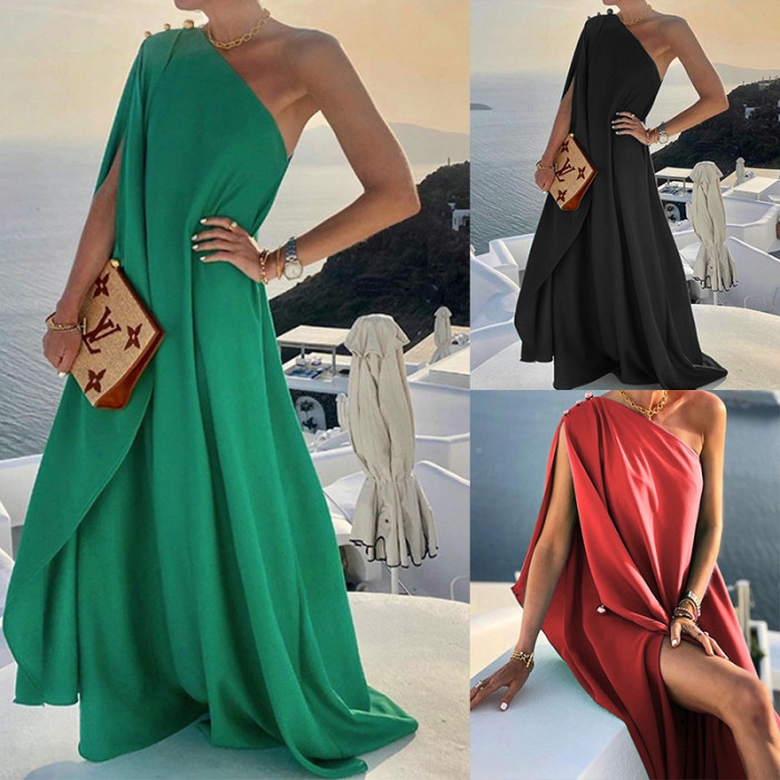 Fashion Solid Color Loose One Shoulder Long Dress