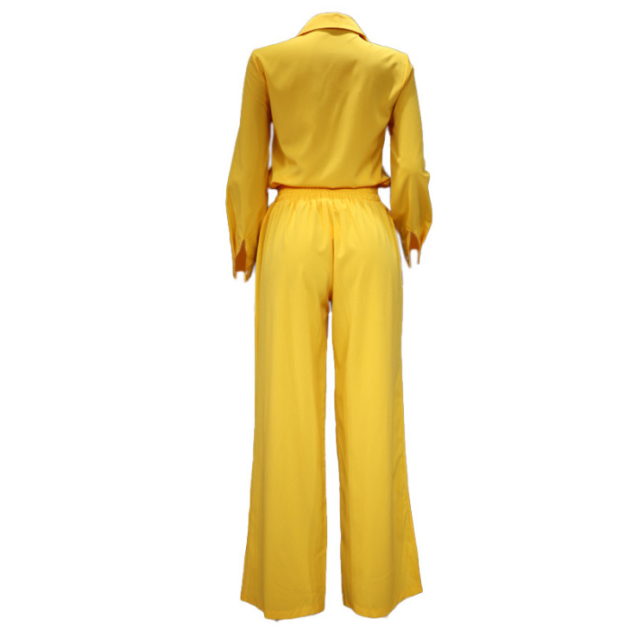 Two Piece Solid Color Shirt Loose Trousers Suit