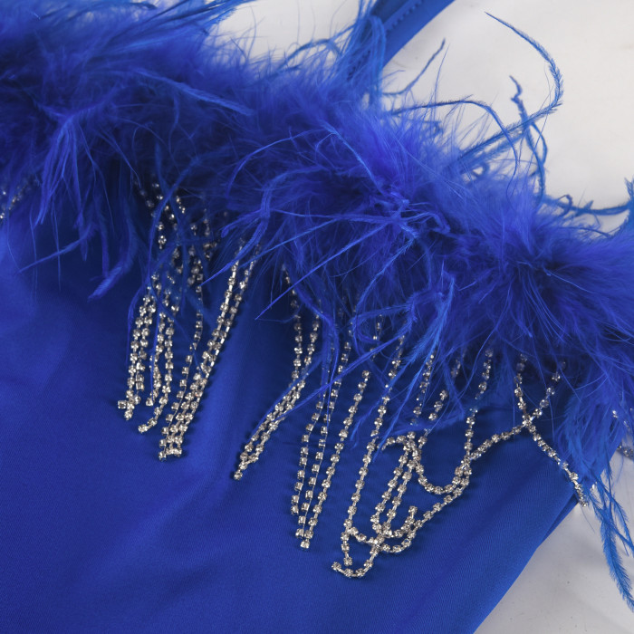 Solid Color Zipper Sling Diamond Chain Feather Jumpsuit