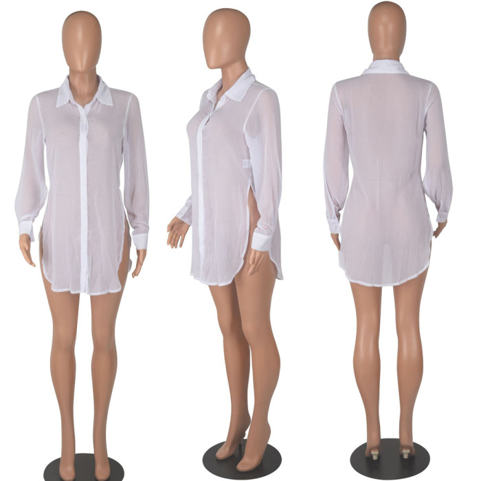 Solid Color Long Sleeve Loose Split Chiffon Shirt