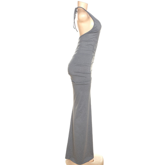 Deep V-neck Halter Backless Solid Pleated Dress