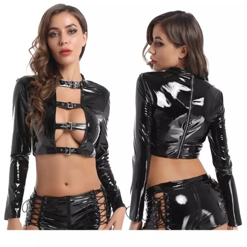 Sexy Black PU Leather Cutout Lace-Up Jacket and Shorts Two Piece