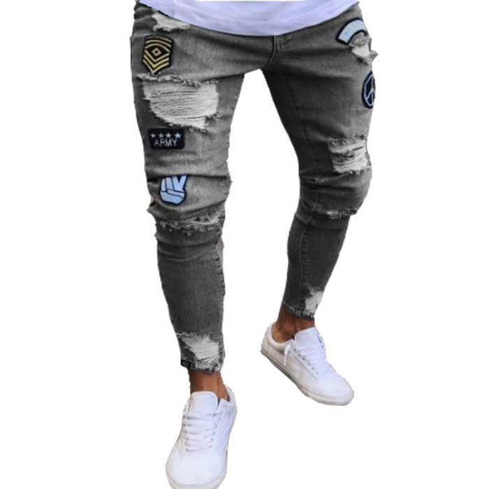 Men's Tight Jeans With Holes and Badges