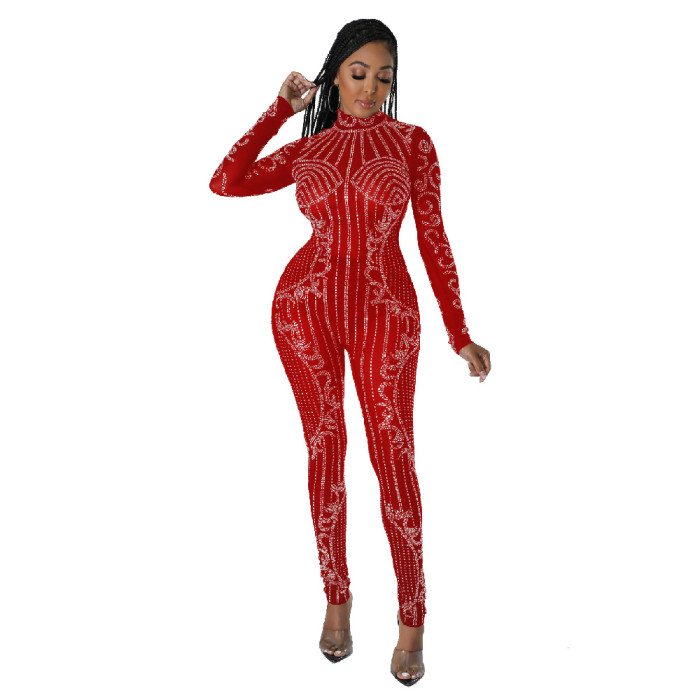 Hot Beaded Sexy Mesh Bodycon Jumpsuit