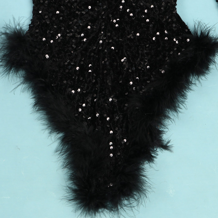 Strapless Sexy Sequin Bodysuit With Feather