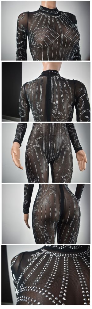 Hot Beaded Sexy Mesh Bodycon Jumpsuit