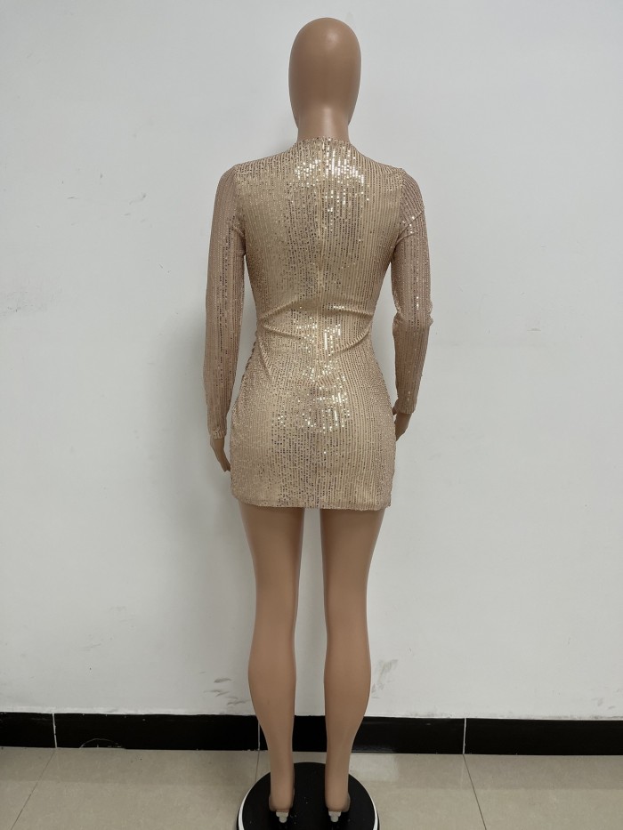 Long Sleeve Sequin Irregular Mini Dress