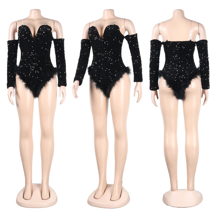 Strapless Sexy Sequin Bodysuit With Feather