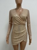 Long Sleeve Sequin Irregular Mini Dress
