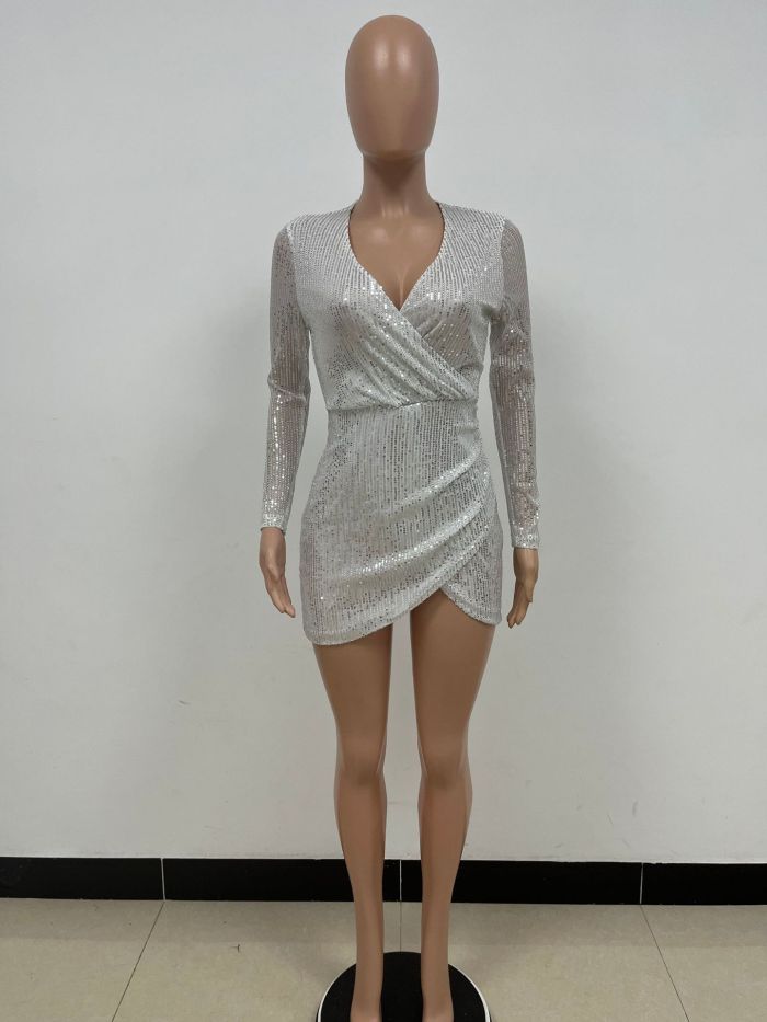 Long Sleeve Sequin Irregular Mini Dress
