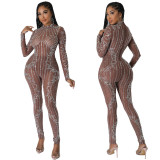 Hot Beaded Sexy Mesh Bodycon Jumpsuit