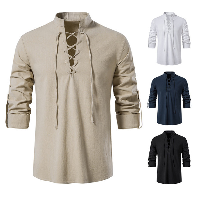 Lace Up Men'S Long Sleeve Tops