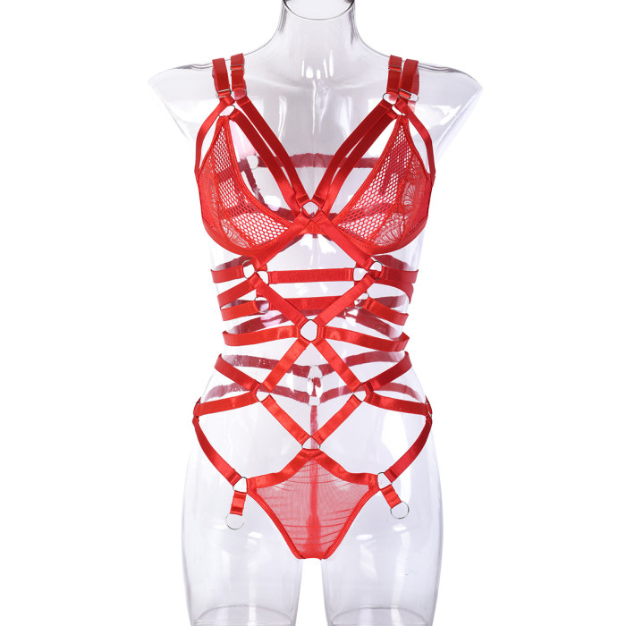 Sexy Strappy Harness Open Cup Bodysuit