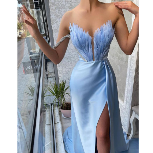 Satin Side Slit Sexy Party Dress With Feather