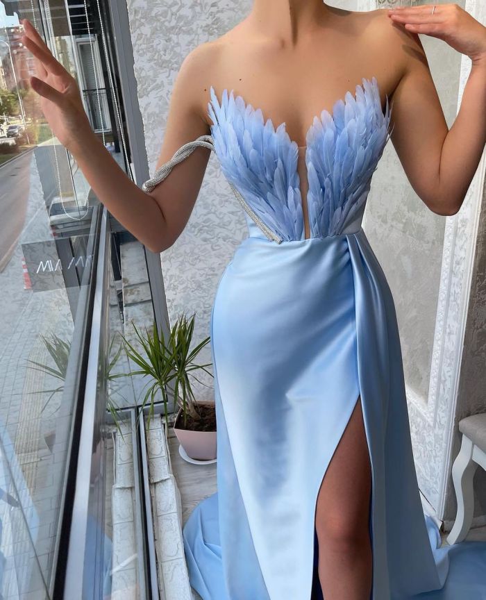 Satin Side Slit Sexy Party Dress With Feather