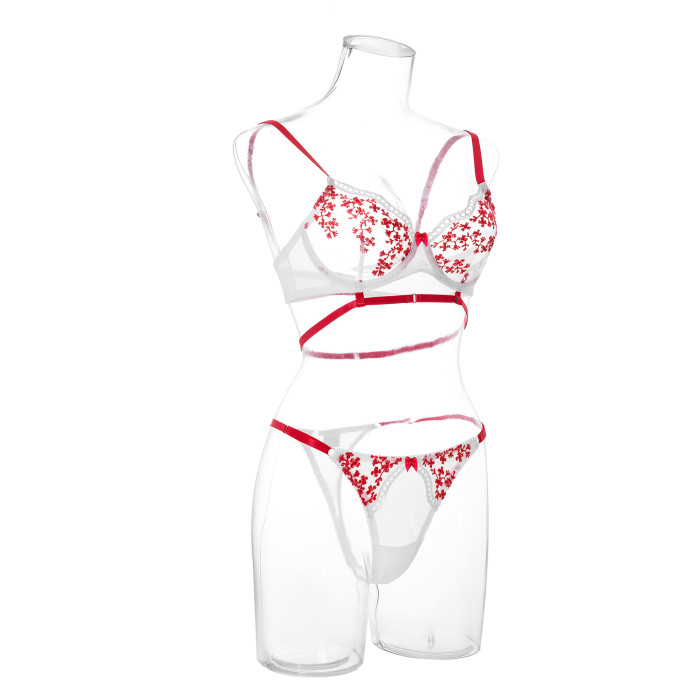Floral Embroidery Underwear Bra Funny Set