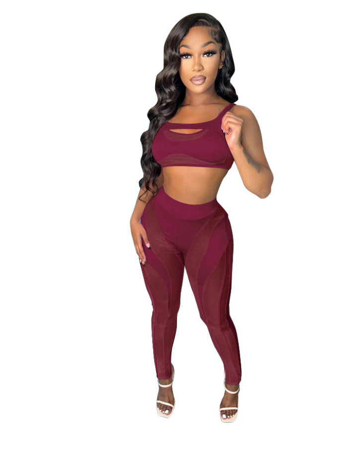 Mesh Patchwork Sexy Tube Top And Pant Set