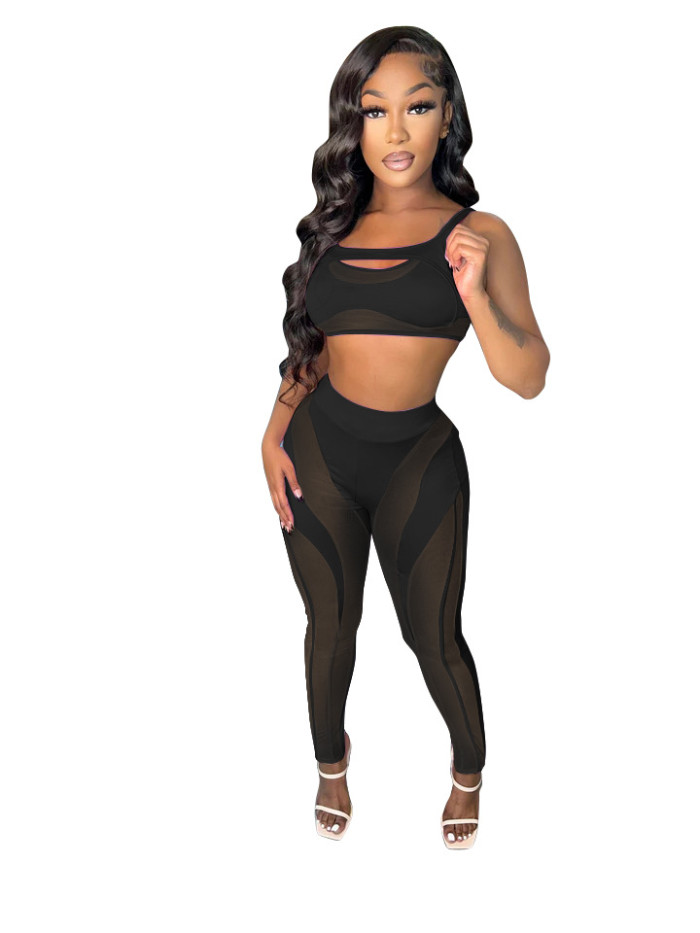 Mesh Patchwork Sexy Tube Top And Pant Set