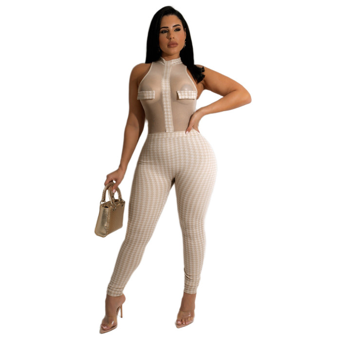 Sleeveless Houndstooth Knitted Threaded See-through Jumpsuit