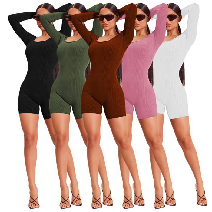 Ribbed Square Neck Sexy Slim Casual Cargo Rompers
