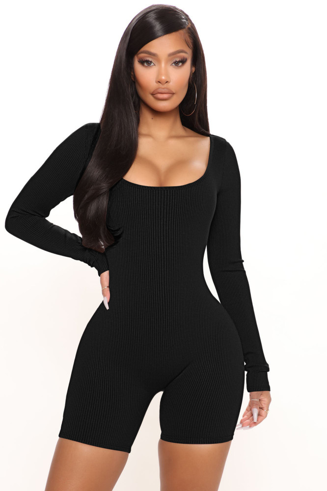 Ribbed Square Neck Sexy Slim Casual Cargo Rompers