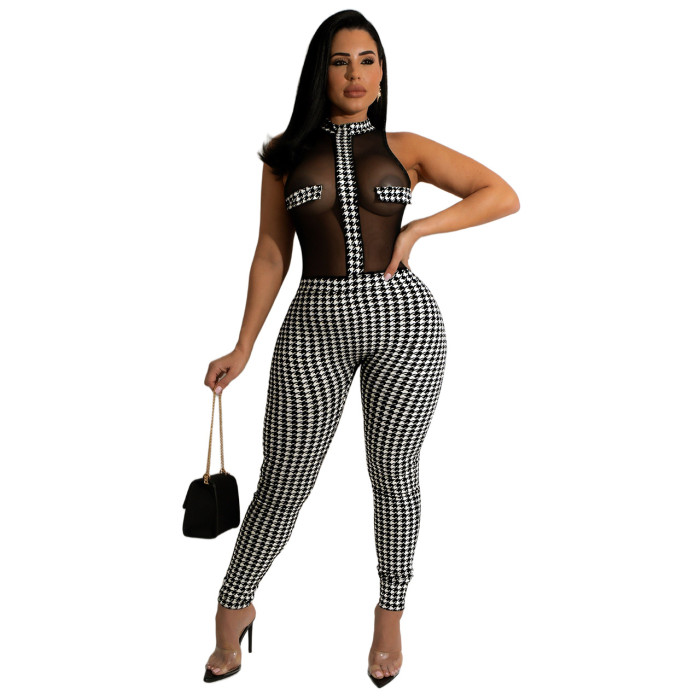 Sleeveless Houndstooth Knitted Threaded See-through Jumpsuit