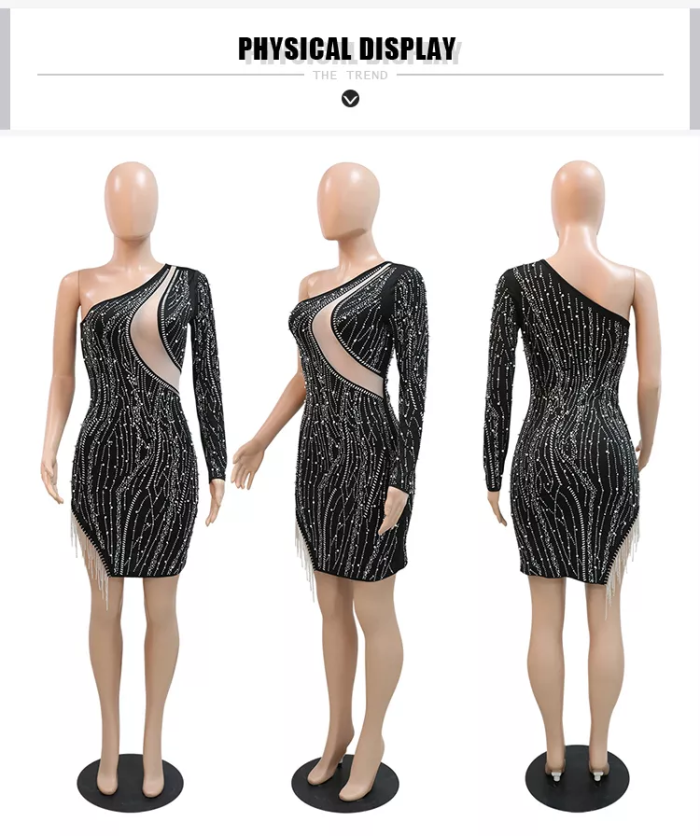 One Shoulder Sexy Crystal Rhinestone Short Dress