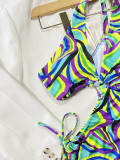 Sexy Patchwork Hollow Tie Waist Beach One Piece Swimsuit