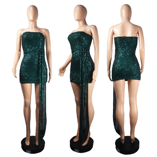 Women Strapless Streamer Sequins Mini Dress