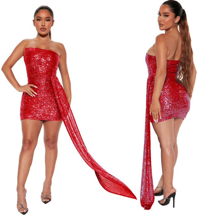 Women Strapless Streamer Sequins Mini Dress