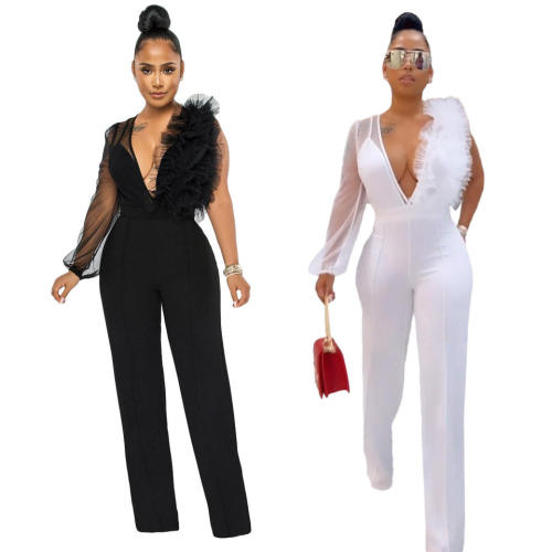 One Shoulder Ruffle Mesh Sexy Jumpsuit
