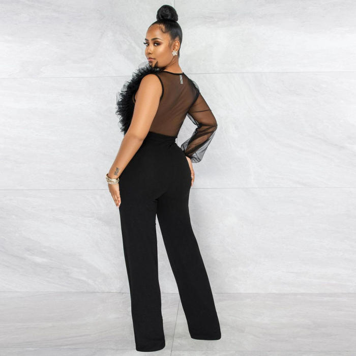One Shoulder Ruffle Mesh Sexy Jumpsuit