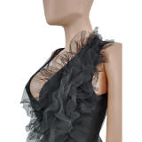 One Shoulder Ruffle Mesh Sexy Jumpsuit