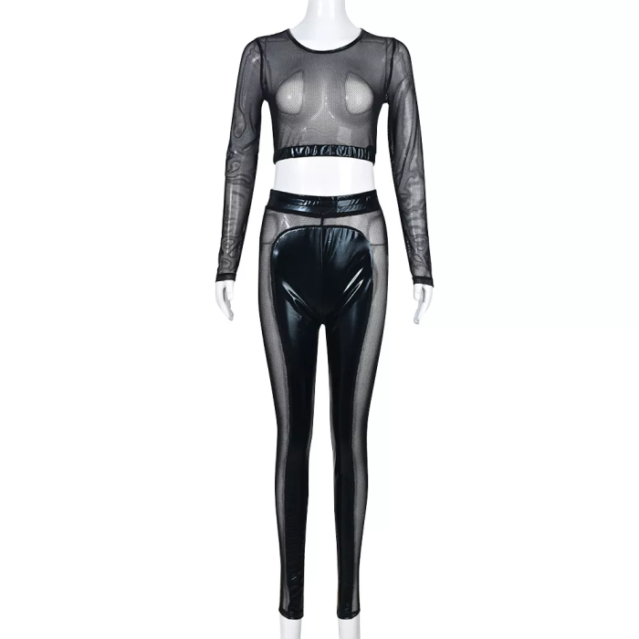 mesh splicing  leather sexy 2 piece perspective suit