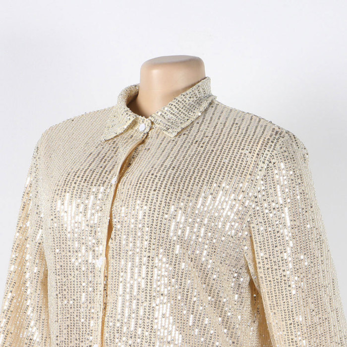 Long Sleeve Glitter Satin Shirt Dress