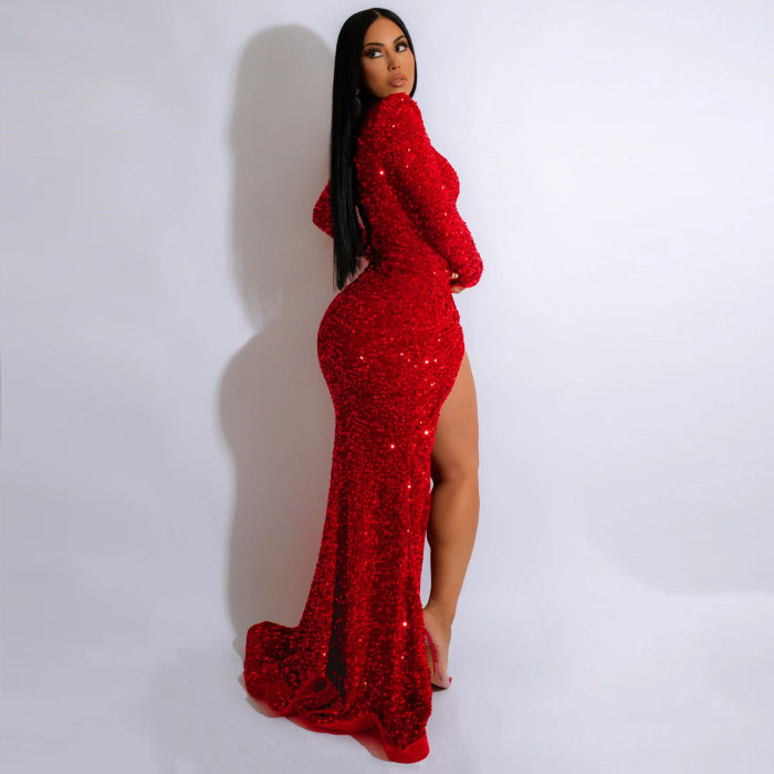 Slit Sexy Sequin Evening Long Gown