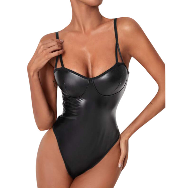 Lacquer leather one-piece underwear with sling