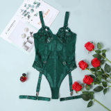 Lace Mesh Sexy Bodysuit With Garter Belt