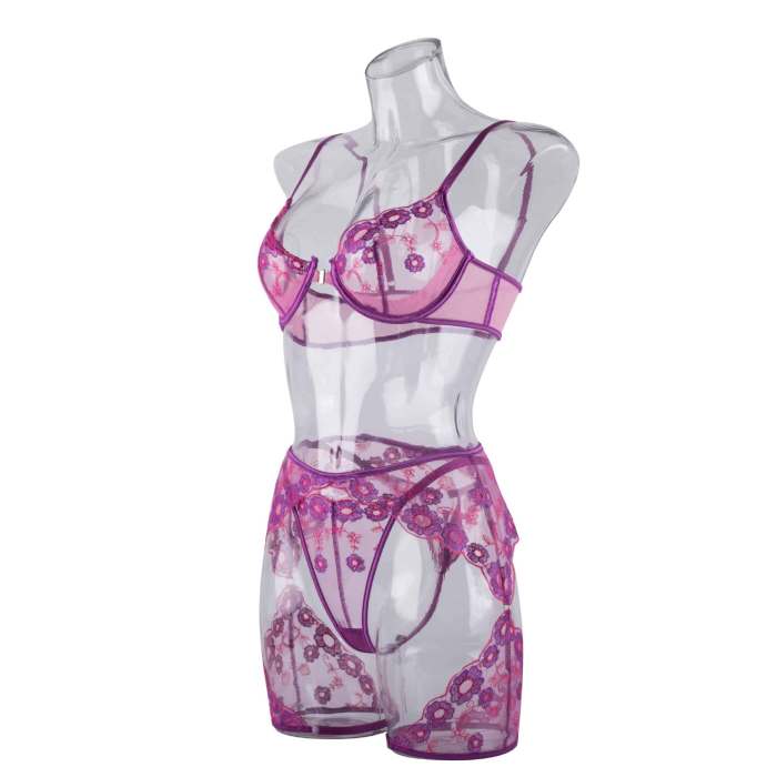 Lace Mesh Pink Purple Embroidery With Steel Ring Gathered Corset Underwear Three-piece Set