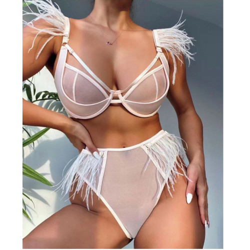 Satin Mesh Sexy Lingerie With Feather