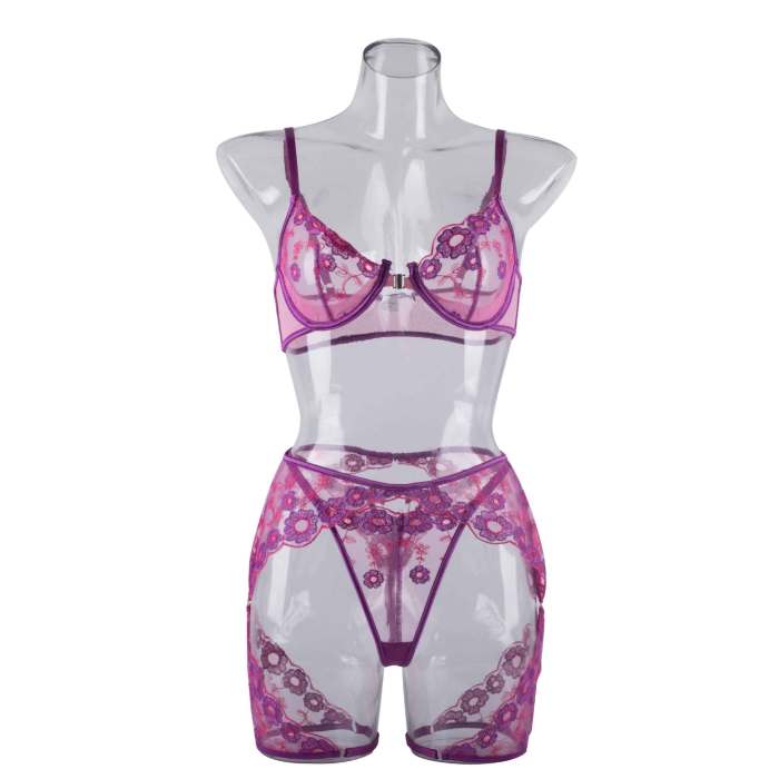 Lace Mesh Pink Purple Embroidery With Steel Ring Gathered Corset Underwear Three-piece Set