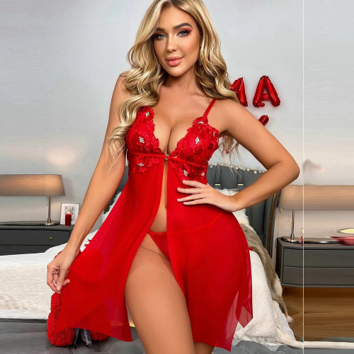 Erotic Lingerie Sexy Women's Red Sling Mesh Slit Pajama Set