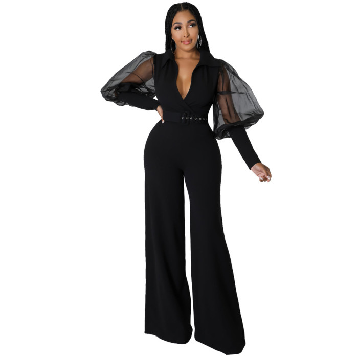 Mesh Sleeve Casual Elegant Flare Jumpsuit