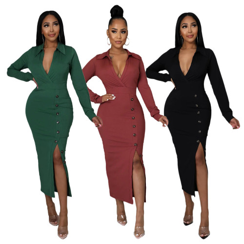 Deep V Neck Sexy Slit Midi Dress