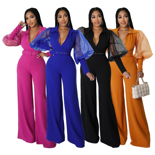 Mesh Sleeve Casual Elegant Flare Jumpsuit