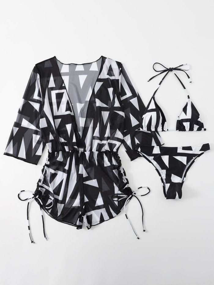 printed swimsuit women cover belly bikini long sleeve mesh Three-Piece swimsuit