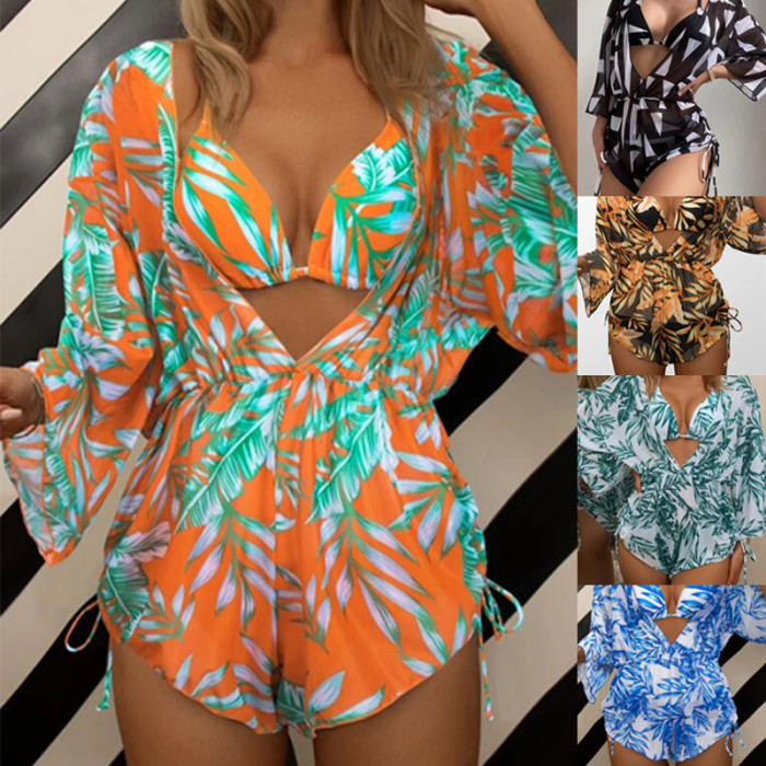 printed swimsuit women cover belly bikini long sleeve mesh Three-Piece swimsuit