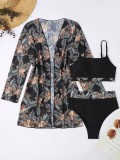 Two Pieces High Waist Swimsuit Long Sleeve Sun Protection Blouse Three Piece Set