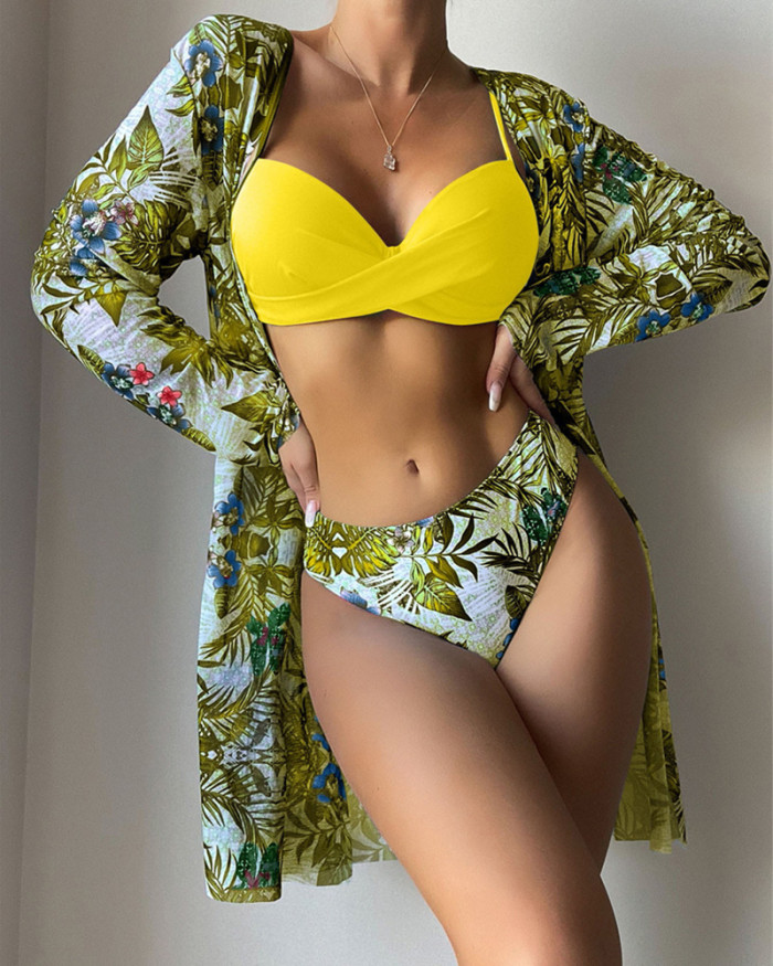 3 Piece Floral Print Bikini Swimsuit With Cover Up