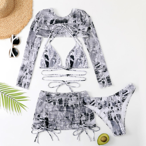 4 Piece Print Bikini And Cover Up Set